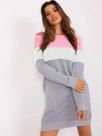 Bluzy damskie - Trójkolorowa długa bluza damska z kieszeniami róż/ecru/szary (5869) - RUE PARIS - miniaturka - grafika 1