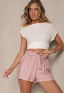 Spodenki damskie - Różowe Szorty z Wiskozy Paper Bag Ozdobione Paskiem Kanovia - miniaturka - grafika 1
