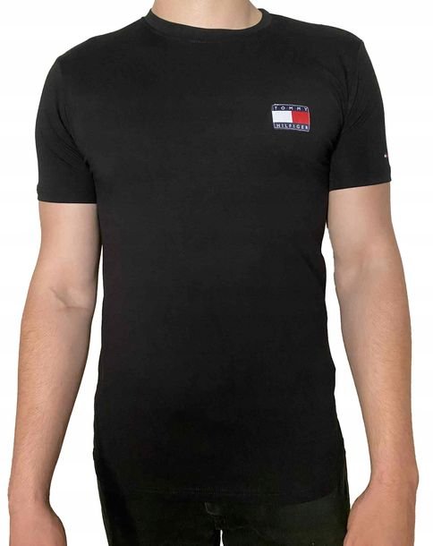 TOMMY HILFIGER Koszulka Męska T-shirt Logo Czarna Klasyczna Sportowa r. L