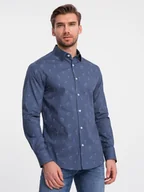 Koszule męskie - Klasyczna męska bawełniana koszula SLIM FIT w palmy - ciemnoniebieska V5 OM-SHCS-0156 - Ombre Clothing - miniaturka - grafika 1