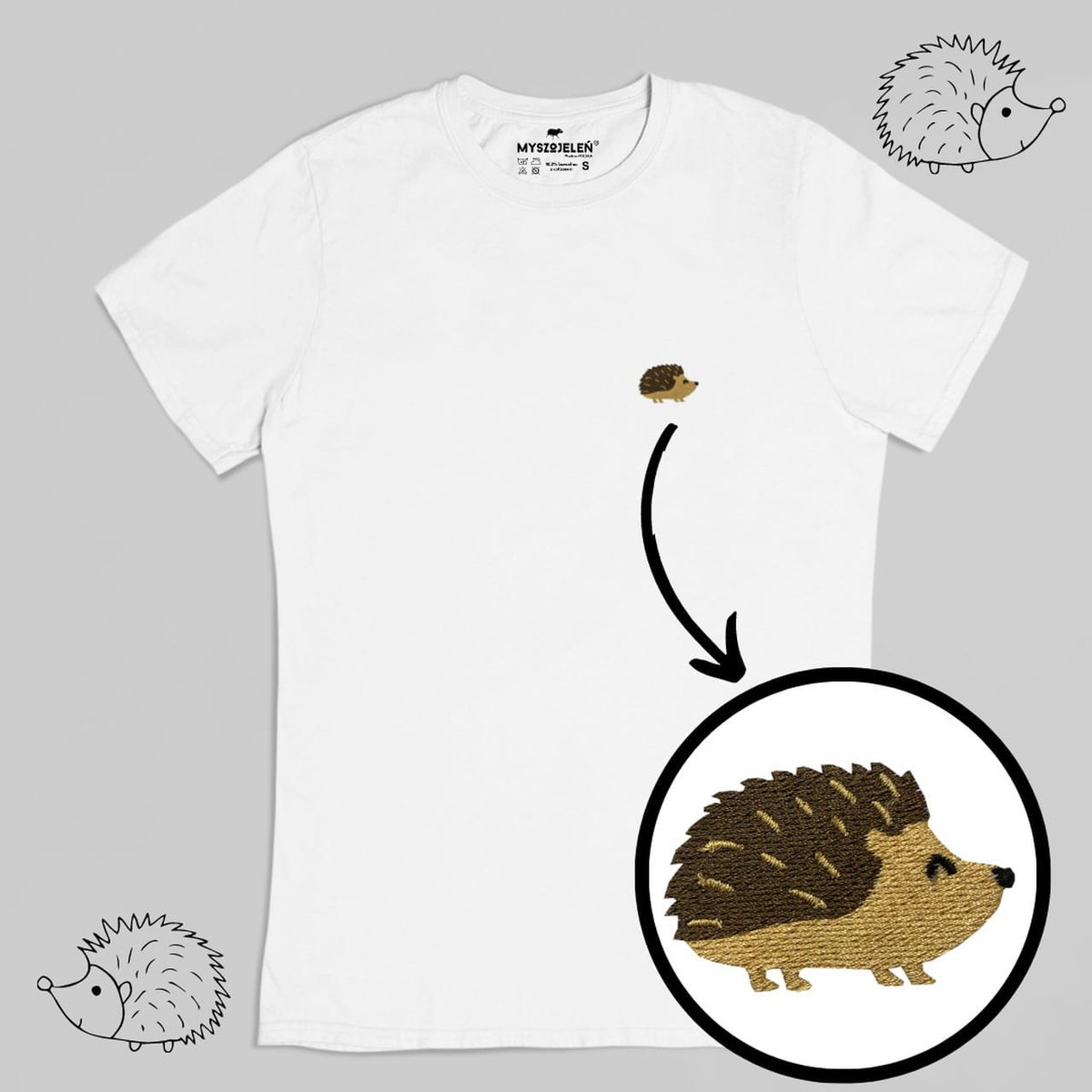 Haftowany T-shirt - JEŻ - biały XL
