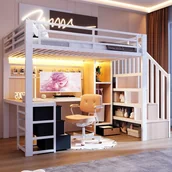 Łóżka dla dzieci i młodzieży - Łóżko piętrowe 90 x 200 cm z biurkiem, szafą i 4 szufladami - Metal + MDF - Diody LED - dla dzieci - Białe (Materac nie jest wliczony w cenę) - miniaturka - grafika 1