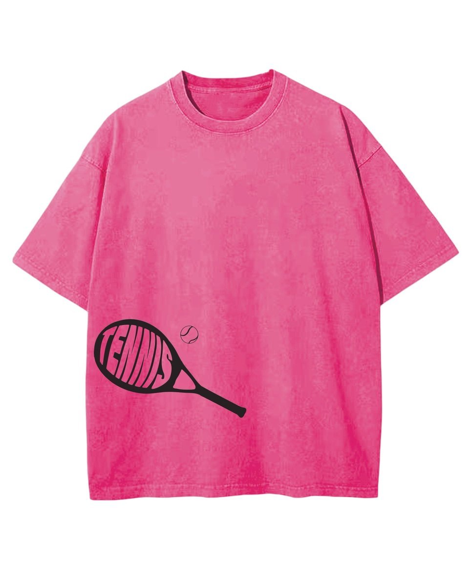 Koszulka oversize efekt sprania Nadruk silikonowy Tenis Ciemnoróżowy XL