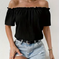 Koszule damskie - TEMU Bluzka Damska w Eleganckim Stylu - Czerwona, Żebrowana, z Odkrytymi Ramionami, z Falbanką, Krótkimi Rękawami i Błyszczącym Wykończeniem na - miniaturka - grafika 1