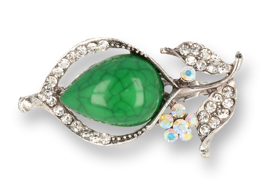 BROSZKA damska zielony kwiat z srebrnymi listkami