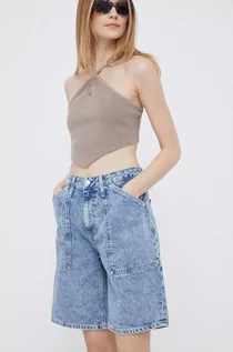 Spodenki damskie - Calvin Klein Jeans szorty jeansowe damskie kolor niebieski gładkie high waist - grafika 1