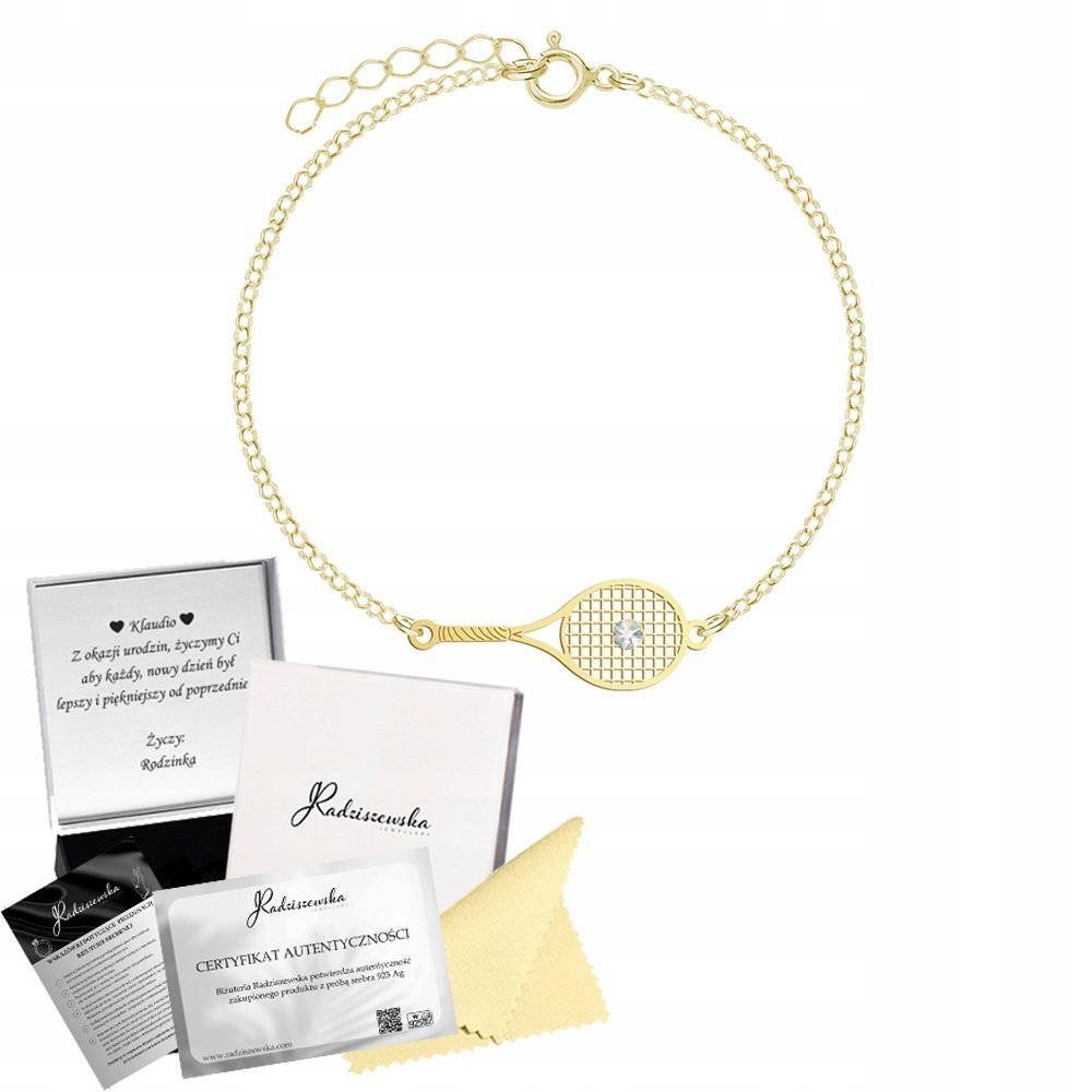 Złota Bransoletka Rakieta Tenisowa SREBRO 925 Prezent DEDYKACJA GRATIS