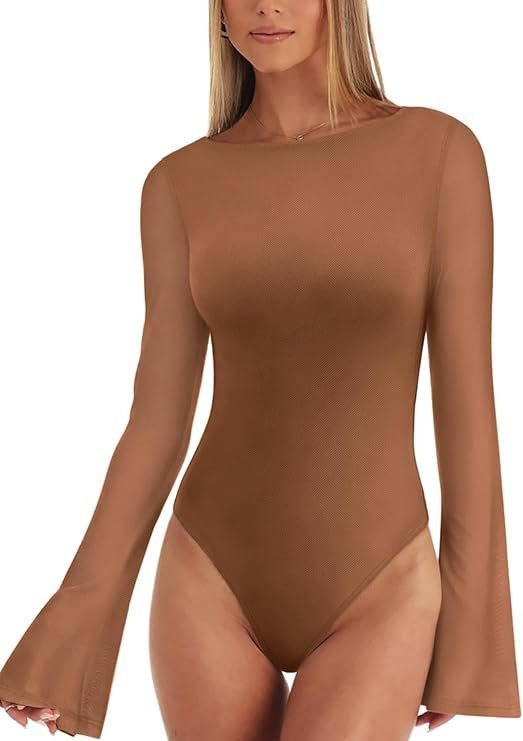 REORIA Damskie Body Wyjściowe Dzwonkowy Rękaw Eleganckie Vintage Brązowe L