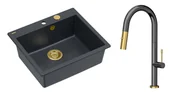 Zlewozmywaki z baterią - Quadron Unique Zlewozmywak granitowy jednokomorowy 57*50*22 cm MORGAN 110 BLACK DIAMOND z syfonem Push-2-Open w kolorze złotym z baterią FELICITY T LINE GRAPHITE METAL z wyciąganą wylewką i funkcją prysznica grafit/wykończenie złote - miniaturka - grafika 1