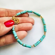 Bransoletki - Turkusowa bransoletka z kamieni, złota rozetka - miniaturka - grafika 1