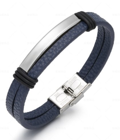 Bransoletka męska skórzana granatowa stal srebrna 21cm
