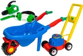 Zabawki do piasku - Piła łańcuchowa + Niebieska Duża taczka ogrodowa 74 cm +kosiarka z terkotką - miniaturka - grafika 1