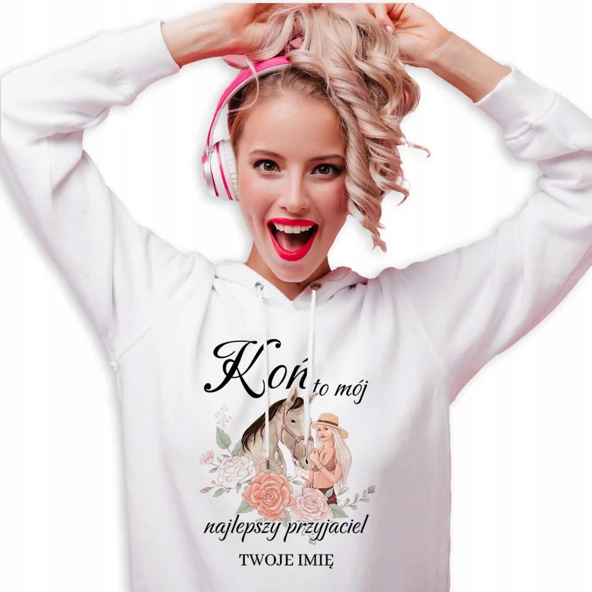 BLUZA DRESOWA Damska BIAŁA Z Kapturem KOŃ TO MÓJ PRZYJACIEL IMIĘ Wzory - M