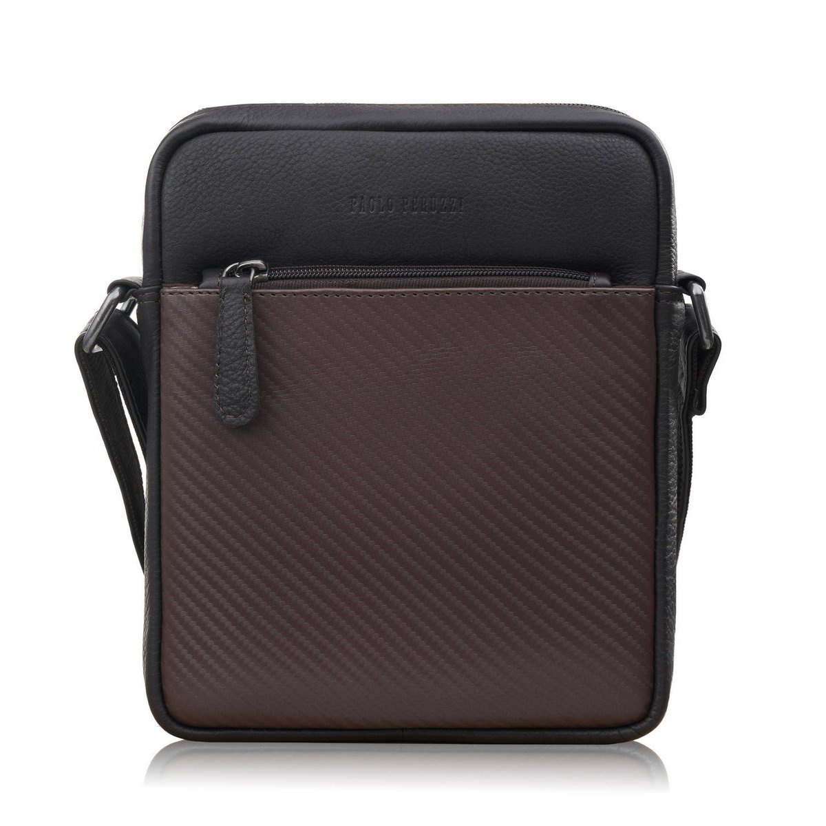 SASZETKA MĘSKA SKÓRZANA NA RAMIĘ Z TŁOCZENIEM TYPU CARBON BRĄZOWA AL-19-BR