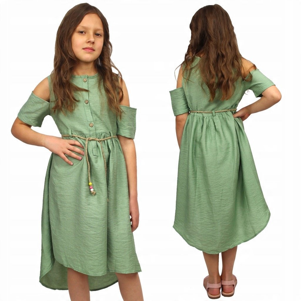 Sukienka WYCIĘTE RAMIONA Pasek BOHO ZIELONA 98