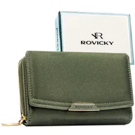Portfele - Portfel damski na zamek ROVICKY mały portmonetka na zatrzask i suwak ochrona kart RFID modny zielony - miniaturka - grafika 1