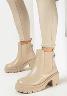 Botki damskie - Beżowe Botki Sztyblety na Obcasie z Łańcuchem i Elastyczną Wstawką Alessyndra - miniaturka - grafika 1