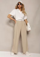 Spodnie damskie - Beżowe Spodnie z Wiskozy Palazzo High Waist Zapinane na Suwak Nellieva - miniaturka - grafika 1