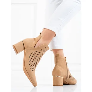 Ażurowe botki damskie na niskim słupku Vinceza beżowe beżowy - Botki damskie - miniaturka - grafika 1