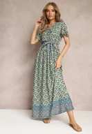 Sukienki - Miętowo-Zielona Sukienka Maxi z Paskiem i Gumką w Talii w Ornamentalny Wzór Calvim - Renee - miniaturka - grafika 1