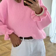 Swetry damskie - TEMU Damski Przytulny Różowy Sweter z Falbankami na Rękawach - Casualowy Sweter z Okrągłym Dekoltem, Długi Rękaw na Jesień/Zimę, Miękki i Stylowy - miniaturka - grafika 1