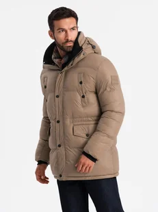 Długa męska kurtka puffer brązowa V2 OM-JALJ-0186 L - Kurtki męskie - miniaturka - grafika 1