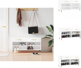 vidaXL Ławka na buty biały wysoki połysk 102x35x55 cm materiał drewnopochodny - Stojaki i szafki na buty - Szafki na buty - miniaturka - grafika 1