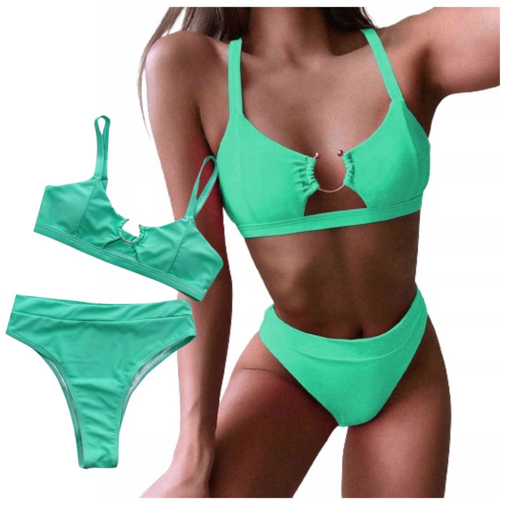 Strój Kąpielowy Dwuczęściowy Wysoki Stan Bikini Zielony Kostium Plaża Basen L
