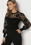 Bluzki damskie - Czarna Bluzka z Długim Rękawem i Koronką Brinza - miniaturka - grafika 1
