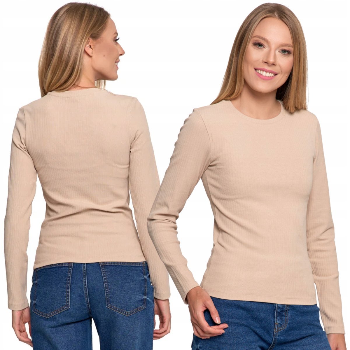 Bluzka Damska Prążkowana Z Długim Rękawem Bawełniana Klasyczna Moraj Xxl Ecru