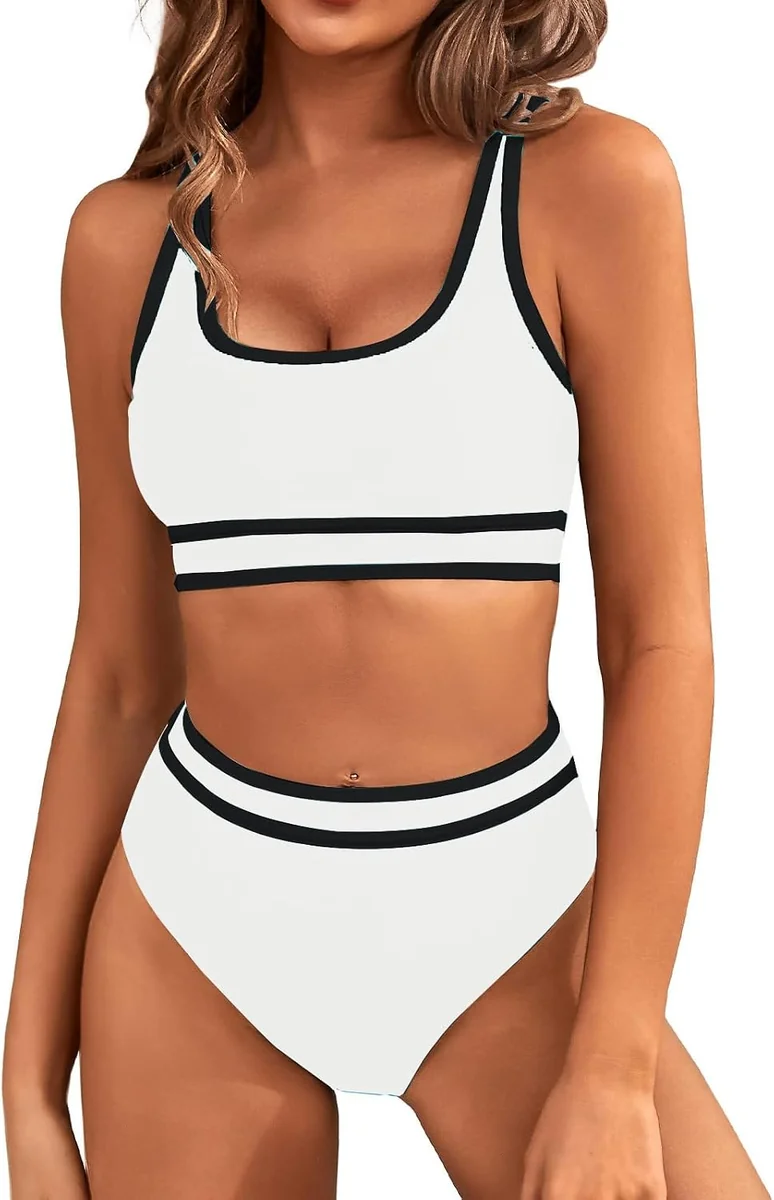Damski dwuczęściowy strój kąpielowy push up z wysokim stanem bikini biały