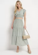 Komplety damskie - Jasnozielony Bawełniany Komplet Bluzka z Kopertowym Dekoltem i Rozkloszowaną Spódnicą Myxia - miniaturka - grafika 1