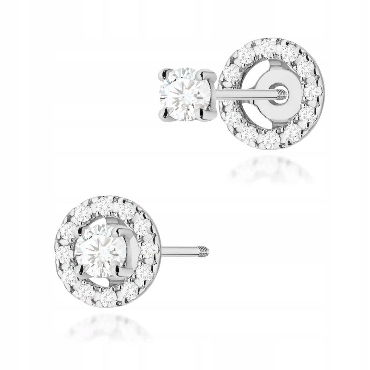 Kolczyki złote damskie 585 sztyfty zakręcane z diamentem 0.10ct białe złoto