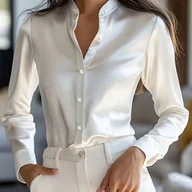 Koszule damskie - TEMU Koszula Damska z Satynowym Wykończeniem - Elegancka, Jednokolorowa Bluzka z Klasyczną Kołnierzykiem i Długim Rękawem, Pranie Maszynowe - miniaturka - grafika 1