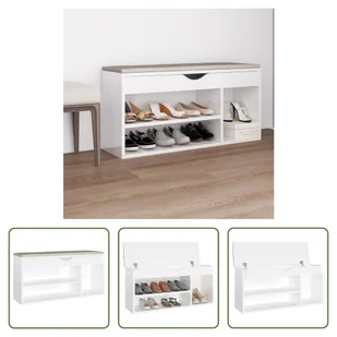 The Living Store Ławka na buty z poduszką biały wysoki połysk 104x30x49 cm Materiał drewnopochodny - Szafki na buty - miniaturka - grafika 1