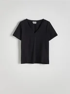 Koszulki i topy damskie - Reserved - T-shirt z dekoltem V - czarny - miniaturka - grafika 1