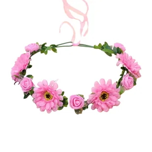 Wianek na głowę ze sztucznych kolorowych kwiatów różowy - Ozdoby do włosów - miniaturka - grafika 1