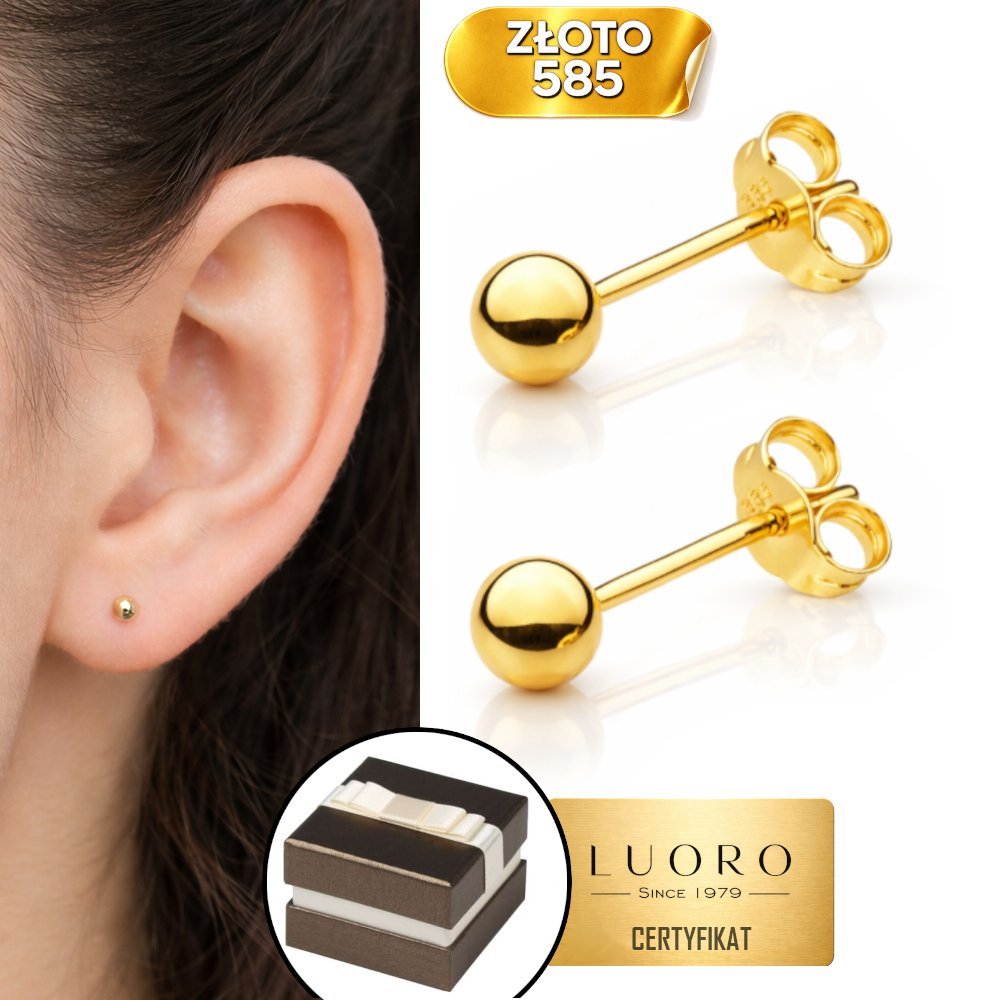 KOLCZYKI ZŁOTE 585 14K KULKI 3 MM SZTYFT DELIKATNE ELEGANCKIE