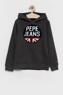 Bluzy damskie - Pepe Jeans Bluza bawełniana dziecięca kolor szary z kapturem z aplikacją - grafika 1