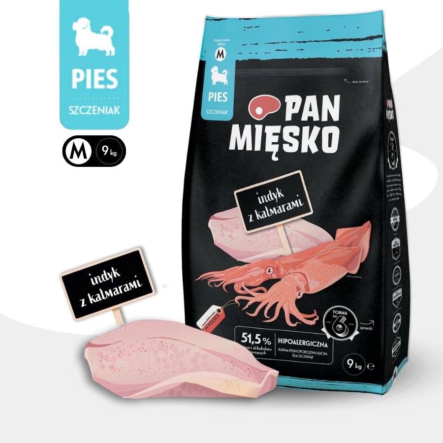 Karma sucha dla psa Pan Mięsko Indyk z kalmarami chrupki M 9 kg (szczeniak)