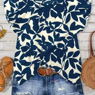 Koszule damskie - TEMU Bluzka Damska z Kwiatowym Nadrukiem i Falbankami na Rękawach - Pomarańczowy Wzór Liści, Okrągły Dekolt, Krótki Rękaw, Lekka, Odzież Wakacyjna - miniaturka - grafika 1