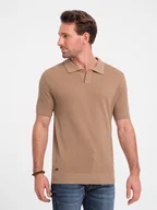 Swetry męskie - Męska bawełniana koszulka polo ze strukturalnej dzianiny jasnobrązowa V3 OM-POSS-0117 - Ombre Clothing - miniaturka - grafika 1
