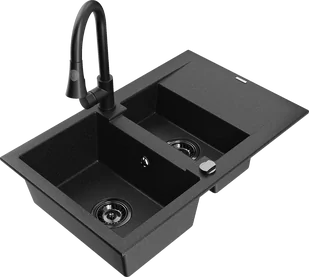 Mexen Gaspar zlewozmywak granitowy 1,5-komorowy z ociekaczem i baterią kuchenną Elia, czarny/srebrny - 6507-73-670101-70-B - Zlewozmywaki z baterią - miniaturka - grafika 1