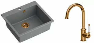 Quadron Zlewozmywak granitowy jednokomorowy 57*50*22 cm MORGAN 110 SILVER STONE z miedzianym odpływem z baterią RACHEL Q LINE kolor miedziany - Zlewozmywaki z baterią - miniaturka - grafika 1