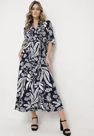 Sukienki - Granatowo-Biała Koszulowa Sukienka z Roślinnym Wzorem z Wiązanym Paskiem Rosallen - miniaturka - grafika 1