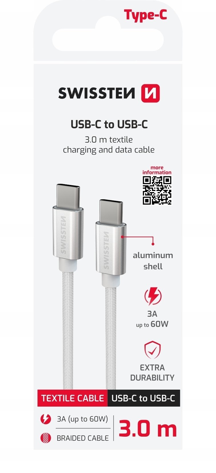 Swissten Swissten Textile Universal Quick Charge 3.1 USB-C / USB-C Data and Charging Cable 3m silver