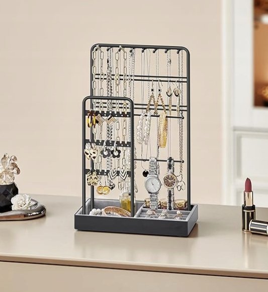 CZARNY STOJAK NA BIŻUTERIĘ Z AKSAMITNĄ TACĄ METALOWĄ RAMĄ ORGANIZER UCHWYT