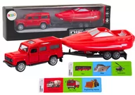 Samochody i pojazdy dla dzieci - Auto Terenowe Z Przyczepą I Motorówką Metalowy Czerwony - miniaturka - grafika 1