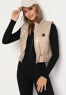 Kamizelki damskie - Beżowa Krótka Kamizelka Ozdobiona Naszywką Ściągana w Talii Mevelina - miniaturka - grafika 1