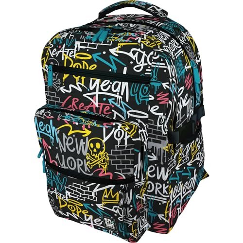 Grafoplás | Duży plecak szkolny | 32X46X24cm | Wyściełany obszar na laptopa | Model Bigpack | Projekt ściany | Bits & Bobs Pop Up Design | Maksymalna ergonomia, Czarny (Black), 32x46x24cm, Szkolny
